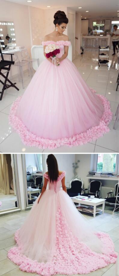 Sparkly Flower Wedding Dress Ball Gown Wedding Dress Pink Wedding