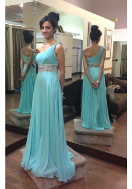 blue one shoulder prom dress