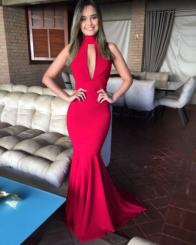 High Neck Red Mermaid Evening Dress, Sexy Sleeveless Long Prom Dresses ...